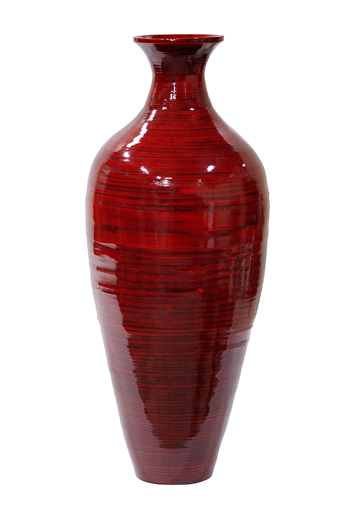 10" X 10" X 24" Red Lacquer Bamboo Spun Bamboo Vase