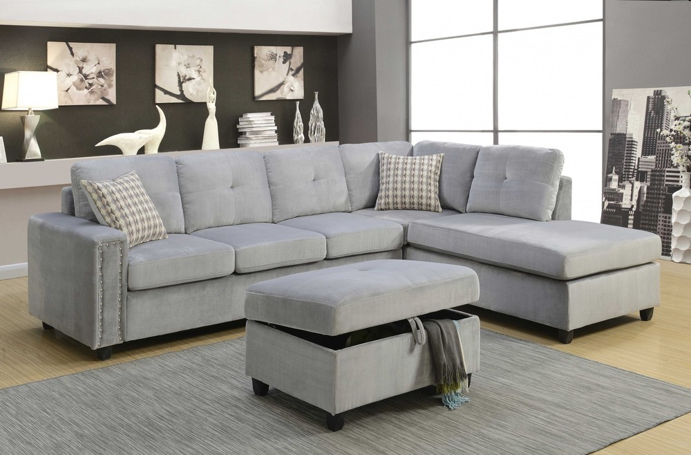 78" X 33" X 36" Gray Velvet Reversible Sectional Sofa With Pillows