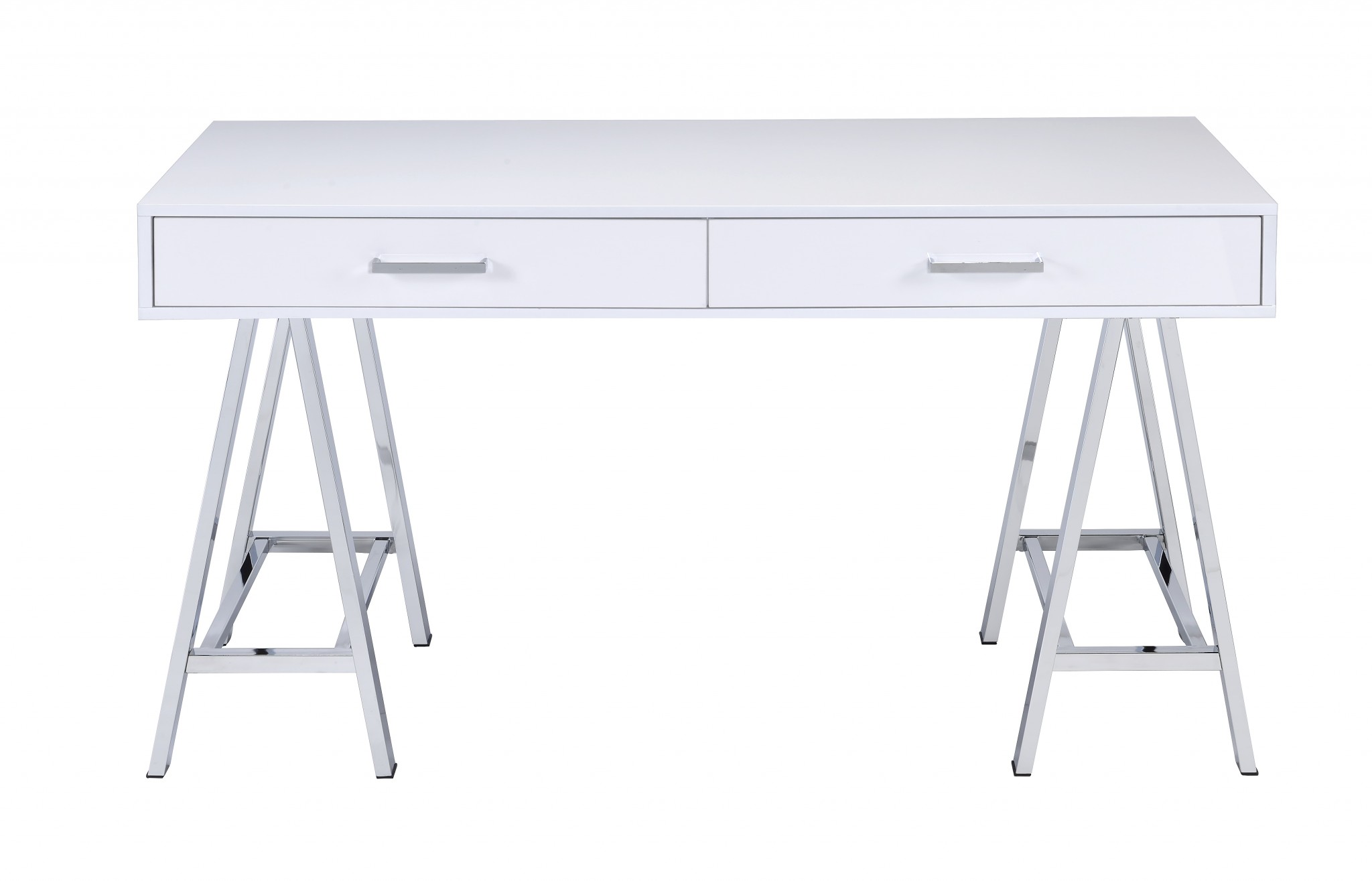 54" X 22" X 31" White And Chrome Glossy Polyester Desk