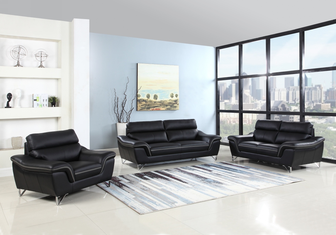 108" Charming Black Leather Sofa Set