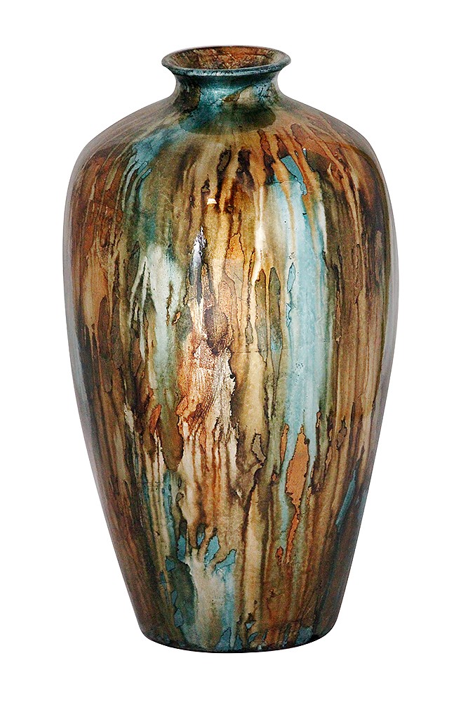 10.5" X 10.5" X 19" Turquoise Copper And Bronze Ceramic Foiled and Lacquered Ceramic Vase