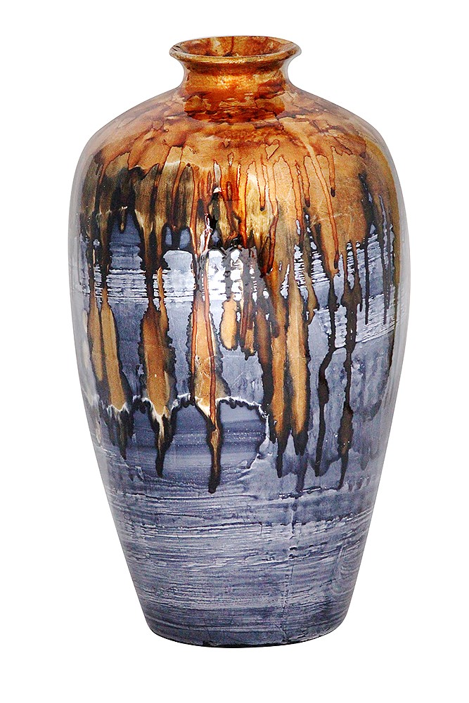 10.5" X 10.5" X 19" Copper And Pewter Ceramic Foiled and Lacquered Ceramic Vase