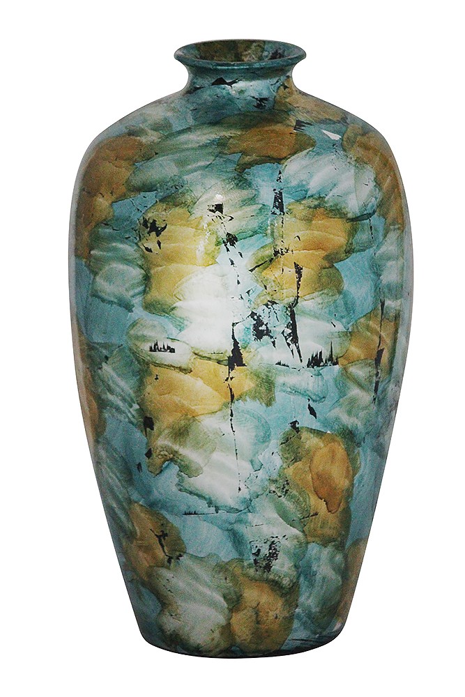 10.5" X 10.5" X 19" Mint And Gold with Black Show Through Ceramic Foiled and Lacquered Ceramic Vase