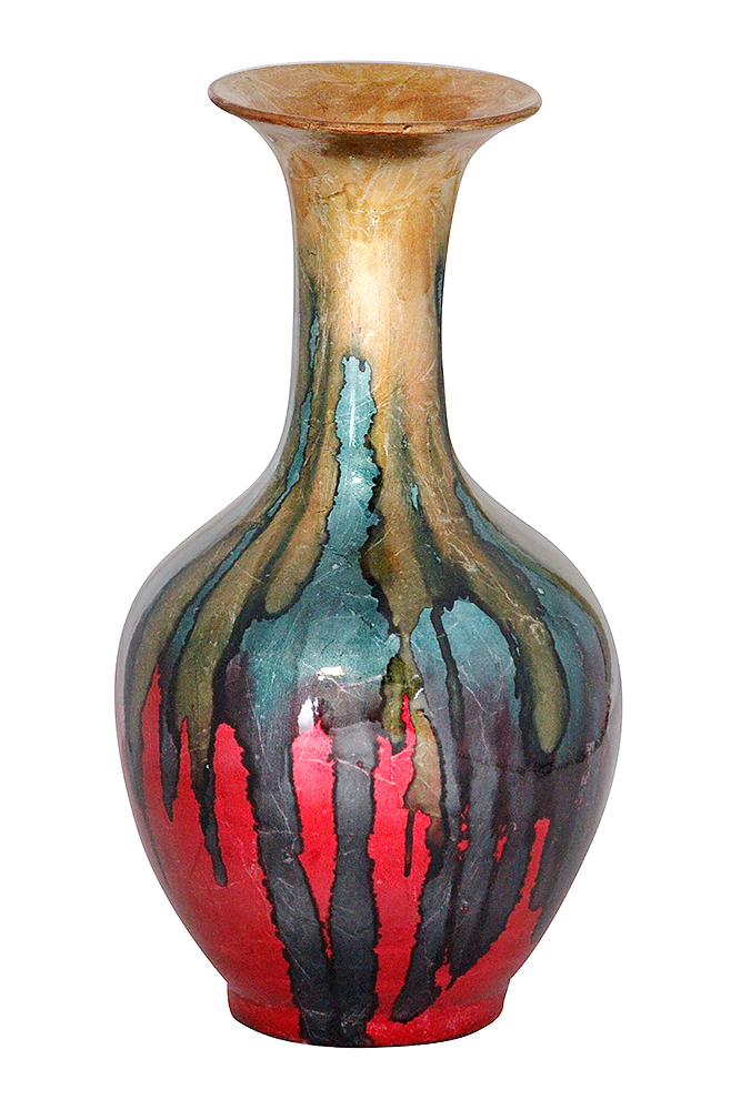 Greer Red Gold Green and Blue Foil and Lacquer Ceramic Vase