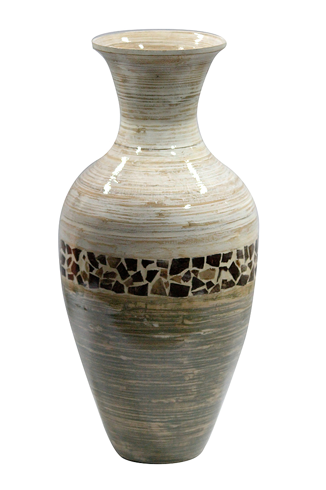 10.7" X 10.7" X 20" Distressed White And Green with Coconut Shell Bamboo Spun Bamboo Vase
