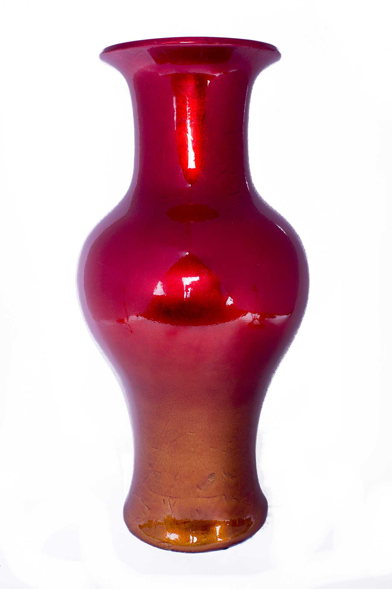 13" X 13" X 18" Red And Orange Ceramic Lacquered Ceramic Vase