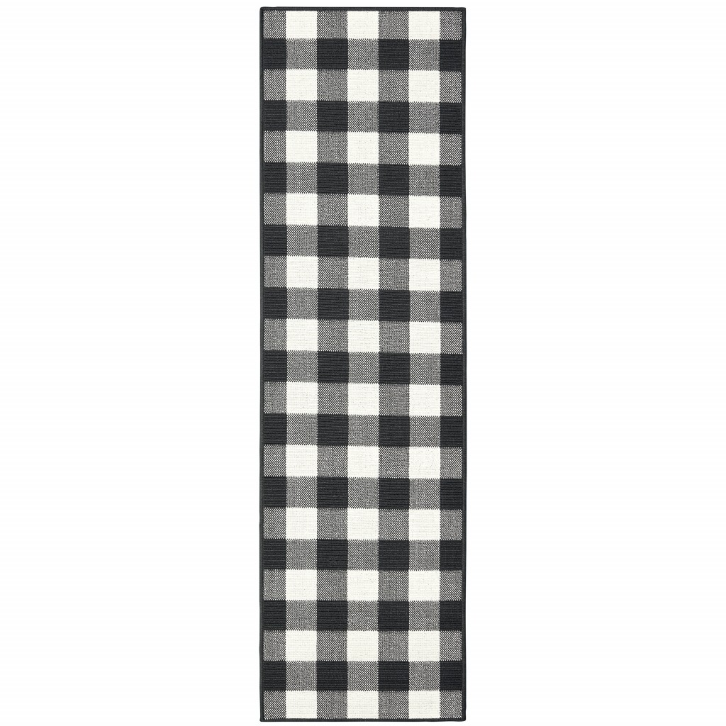 2x8 Black and Ivory Gingham Indoor Outdoor Runner Rug