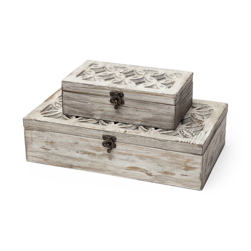 Set of Two Distressed White Wooden Boxes