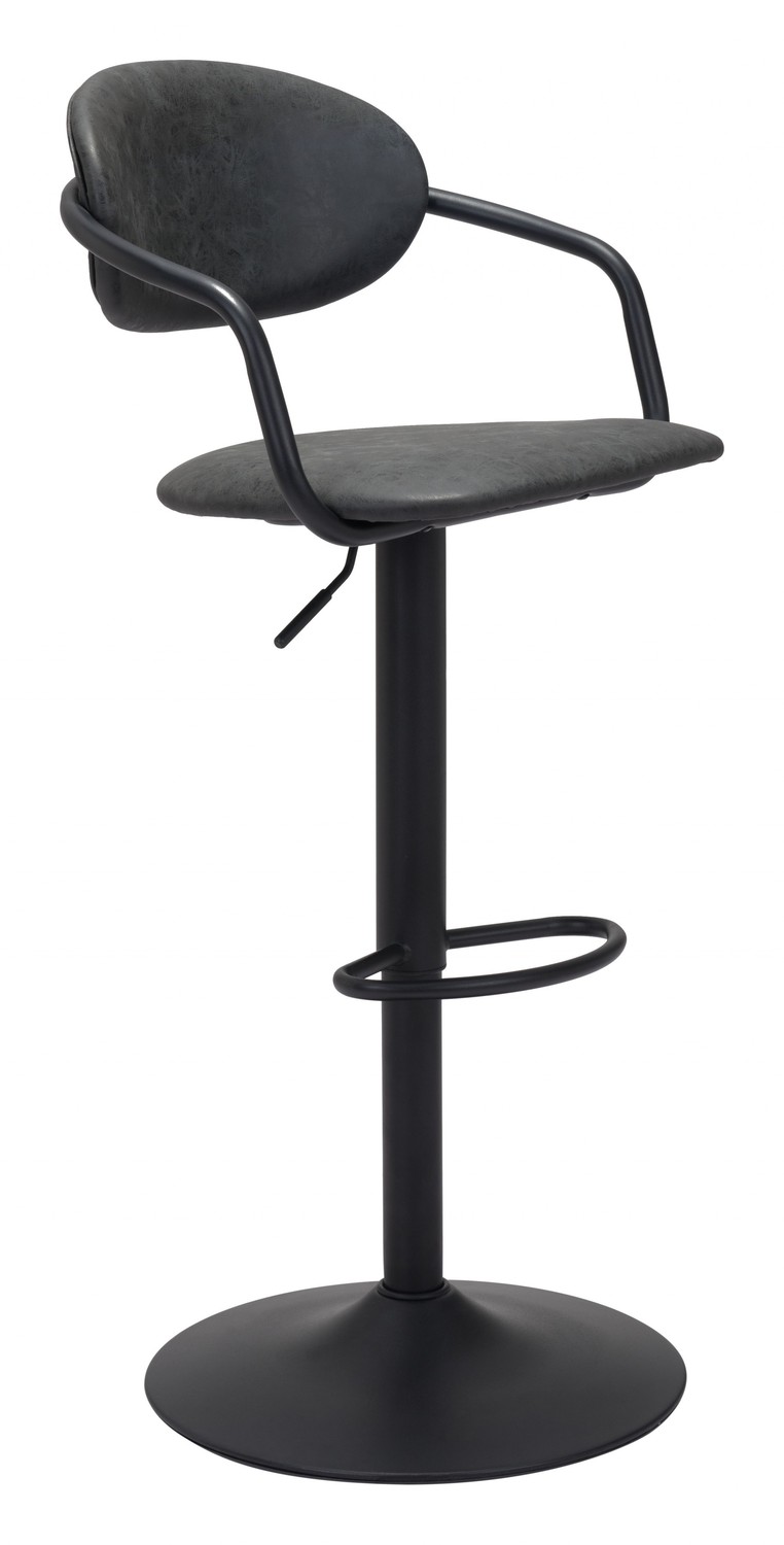 Vintage Look Black Faux Leather Adjustable Pedestal Bar Chair