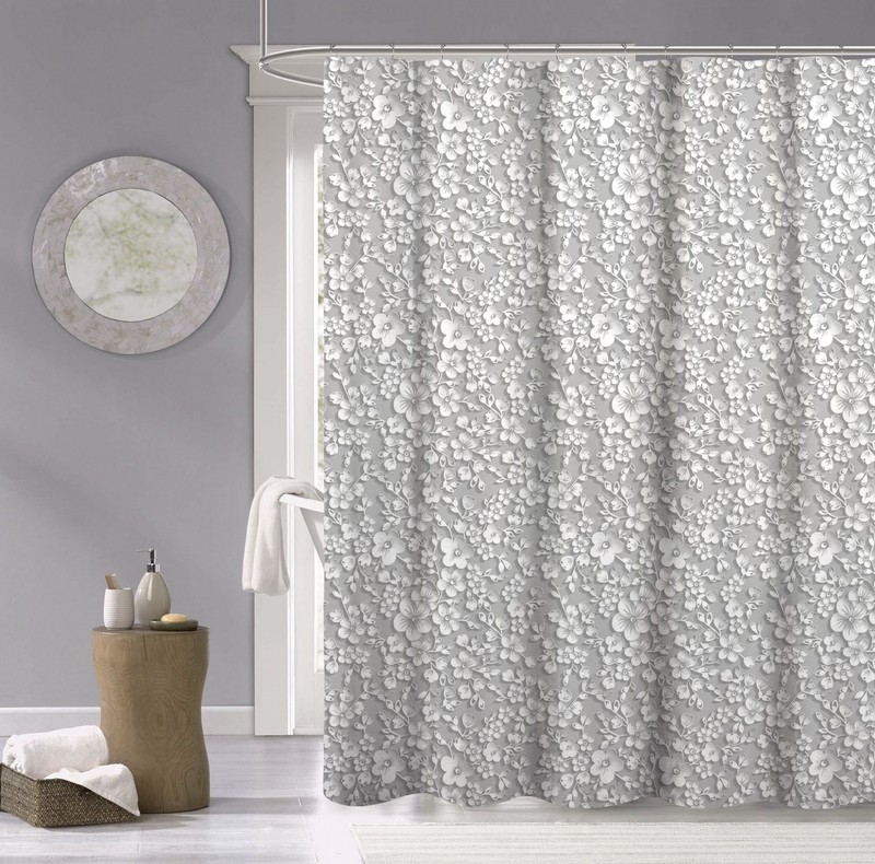 White and Gray Floral Patterned Shower Curtain