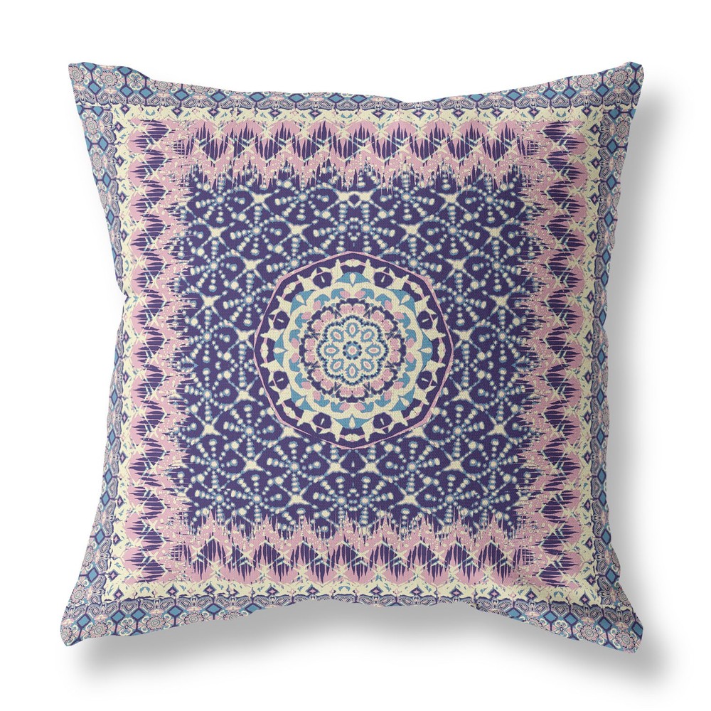Holy Tie Die Flower Broadcloth Indoor Outdoor Blown and Closed Pillow by Amrita Sen in Pink Indigo