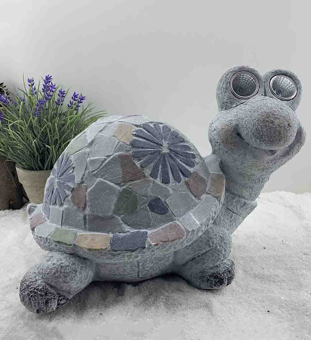 10" Gray Happy Turtle Mosaic Tile with Solar Eyes Indoor Outdoor