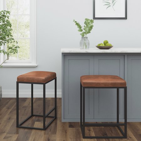 Set of Two Modern Geo Brown Leather Bar Stools