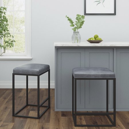 Set of Two Modern Geo Grey Leather Bar Stools