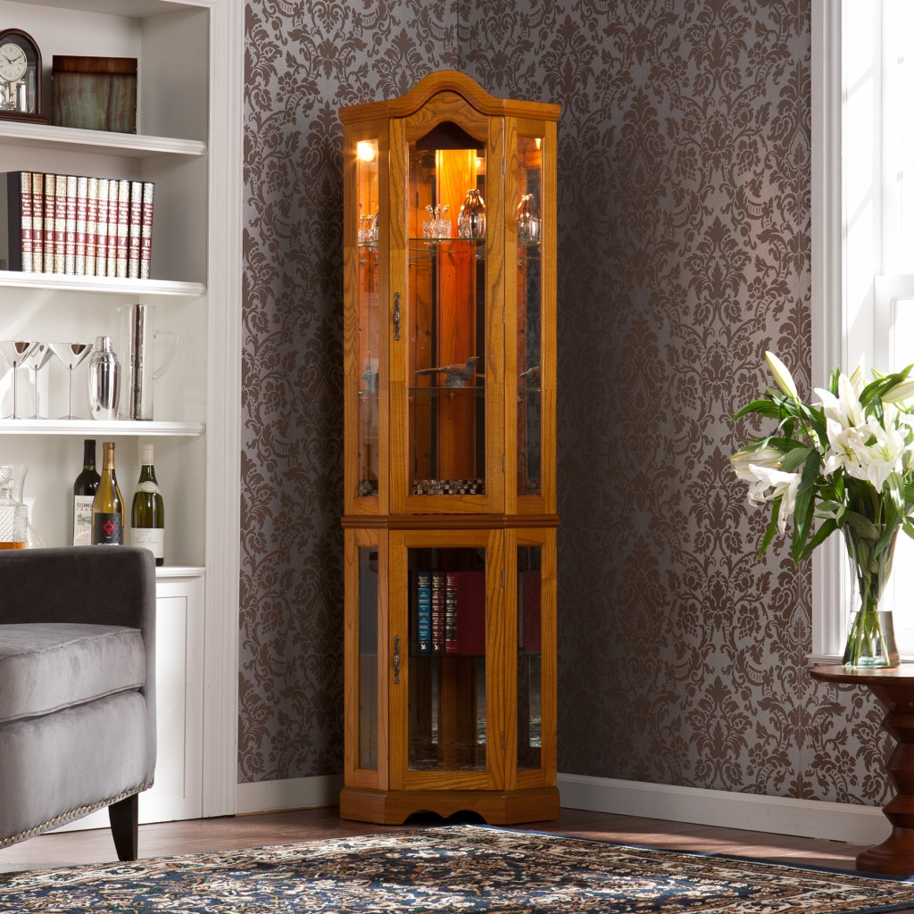 Golden Oak Scallop Top Lighted Corner Curio Cabinet