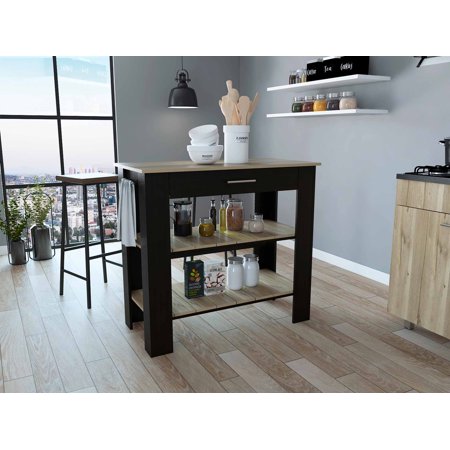Light Oak and Black Kitchen Island with Drawer and Two Open Shelves
