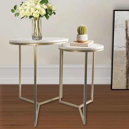 Set of Two White Marble and Gold Geo Tri Nesting End Tables