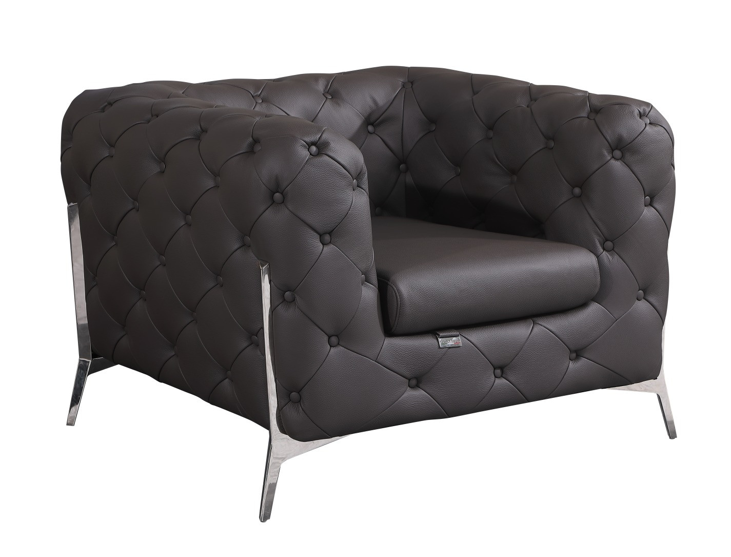 Glam Espresso Brown and Chrome Tufted Leather Armchair