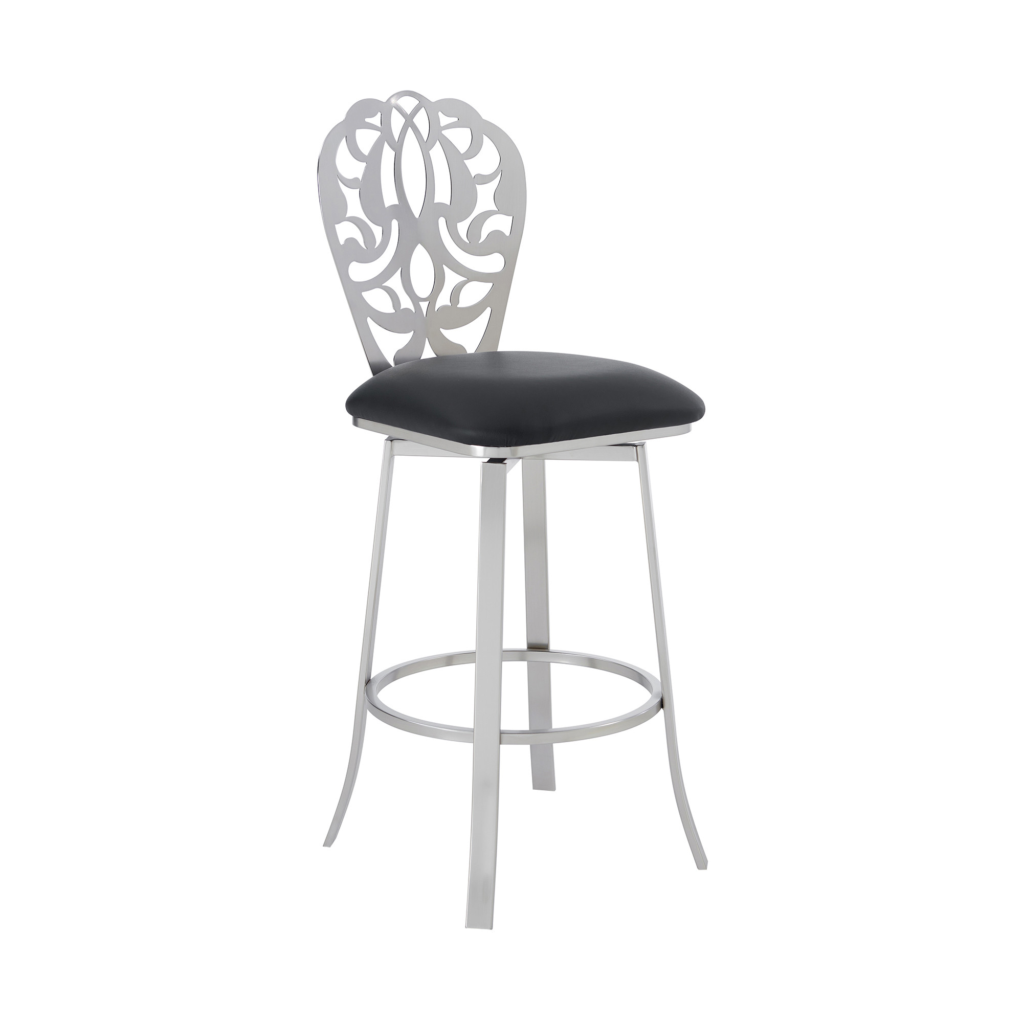 26" Black Faux Leather Scroll Brushed Stainless Steel Swivel Bar Stool