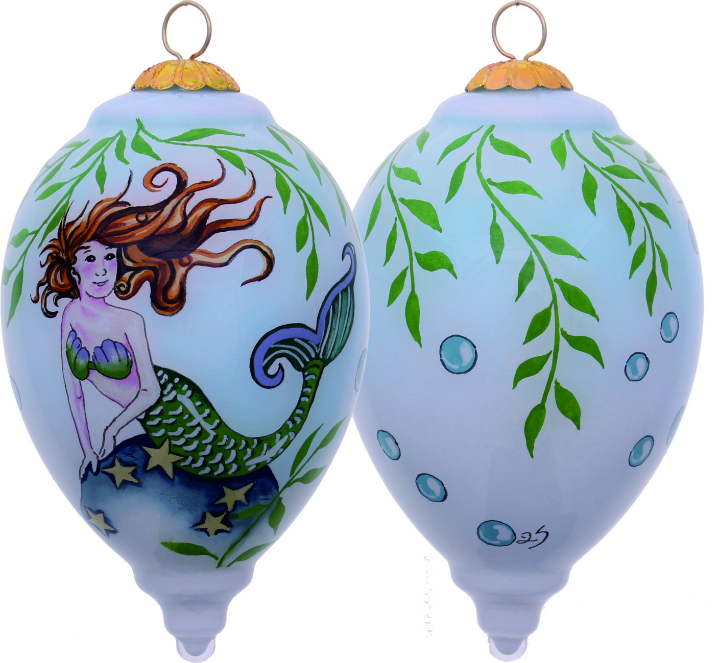 Green Mermaid Hand Painted Mouth Blown Glass Ornament