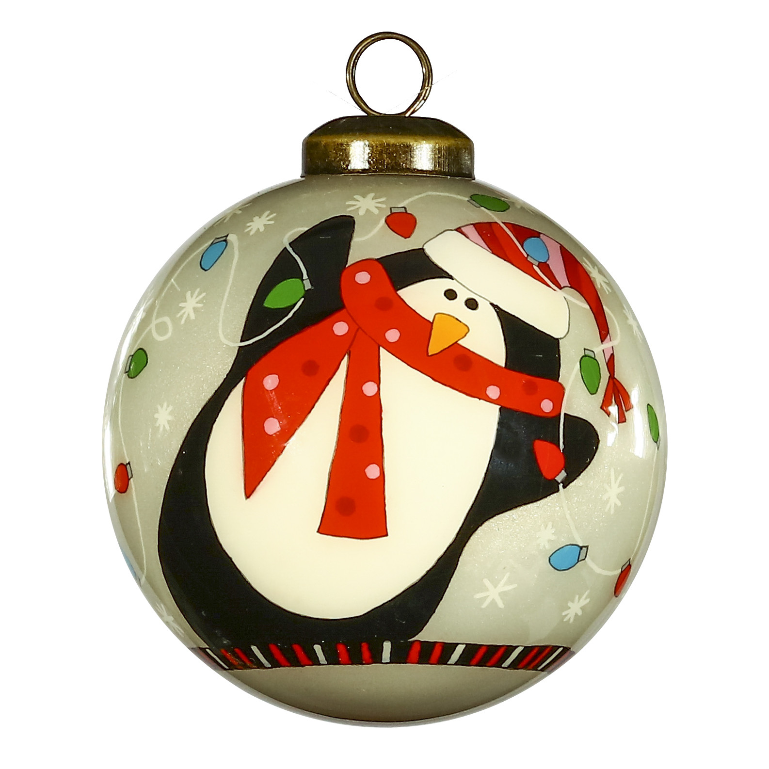 Festive Penguin Hand Painted Mouth Blown Glass Ornament
