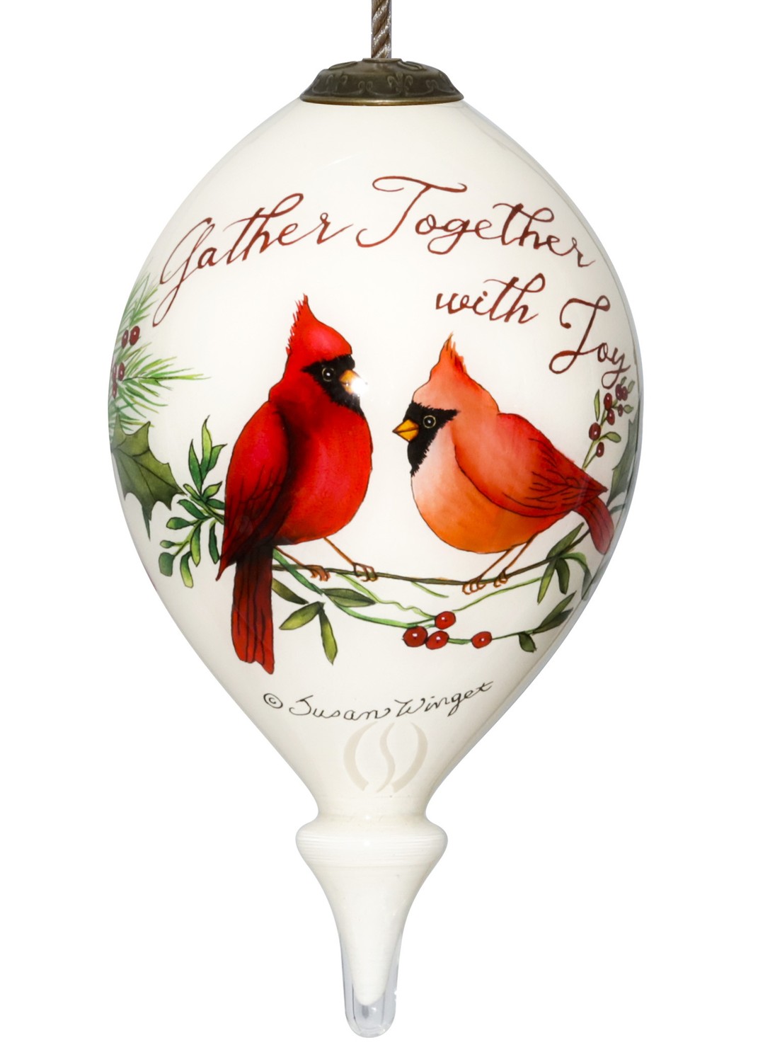 Gather Together With Joy Cardinals Hand Painted Mouth Blown Glass Ornament