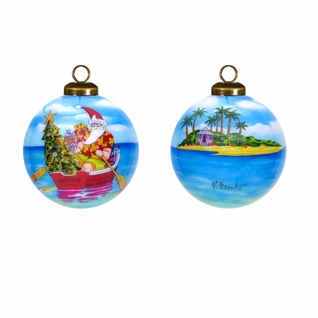 Rowing Santa Express Hand Painted Mouth Blown Glass Ornament