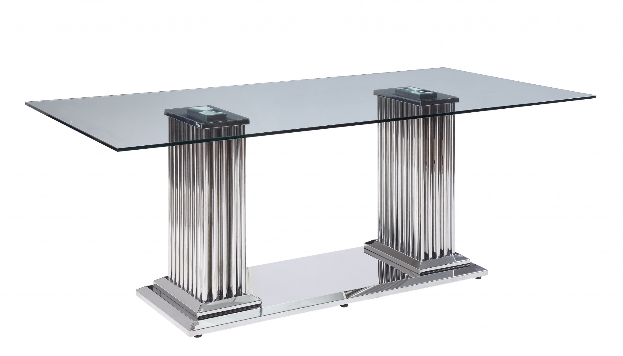 39" X 79" X 30" Stainless Steel Clear Glass Mirror Dining Table wDouble Pedestal