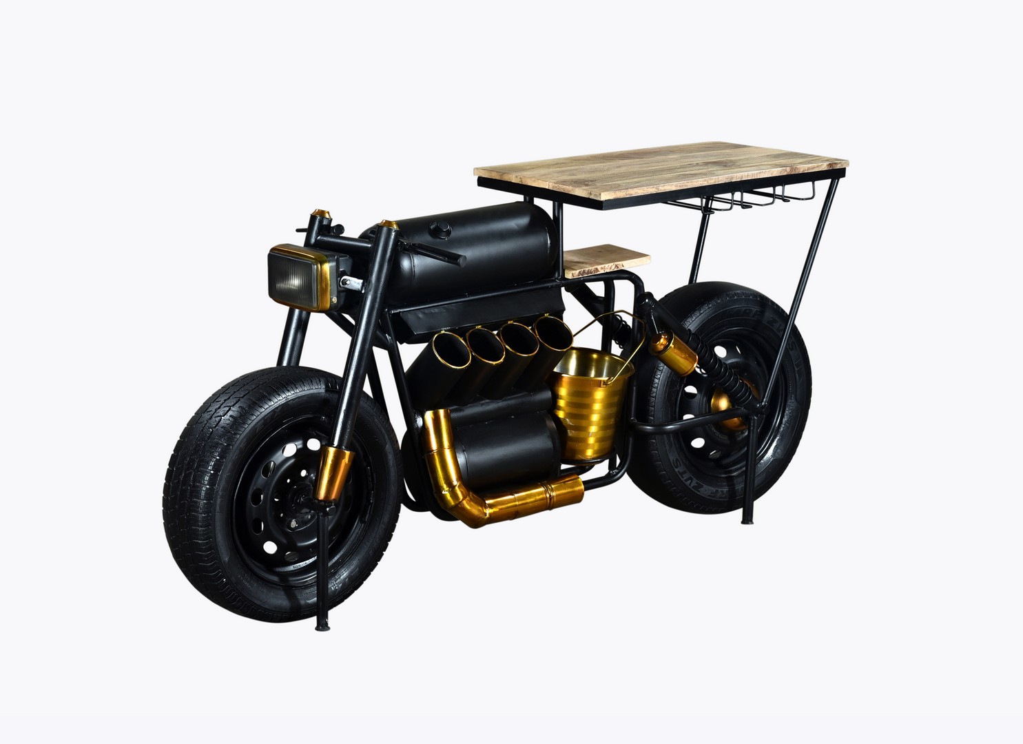 17" X 70.5" X 33" Black and Gold Motorcycle Wine Bar