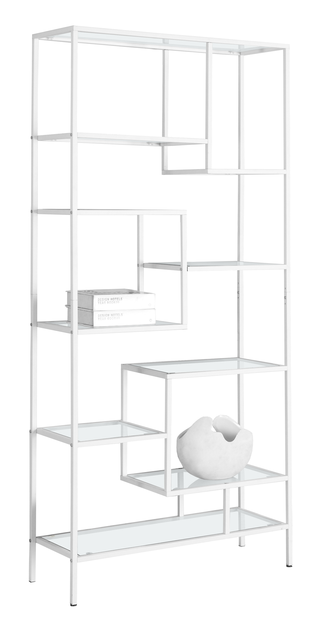 12" x 32" x 72" White  Clear  Tempered Glass  Metal   Bookcase