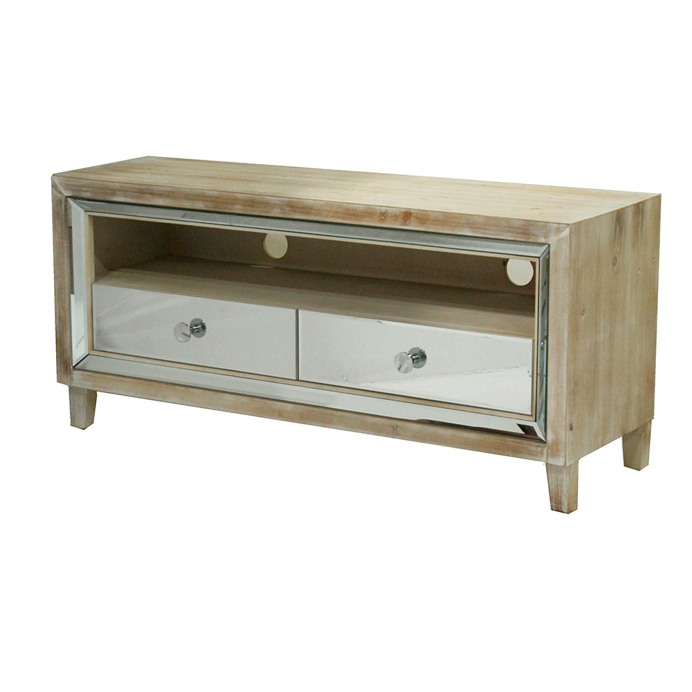 White Washed MDF Wood Mirrored Glass TV Stand with Mirrored Glass Drawers