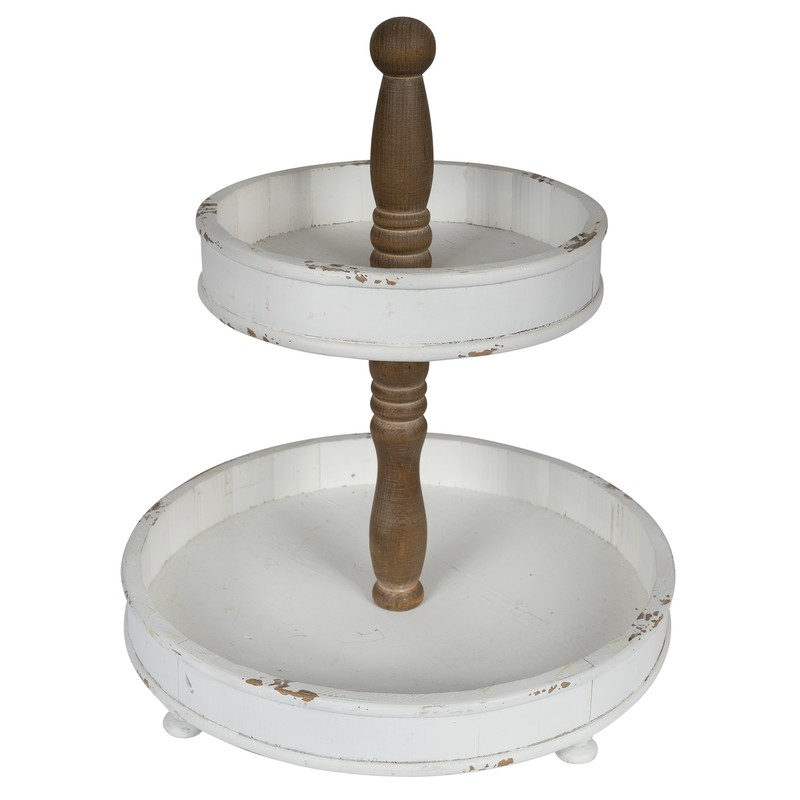 Stratton Home Decor 2-tier Round White and Natural Wood Tray