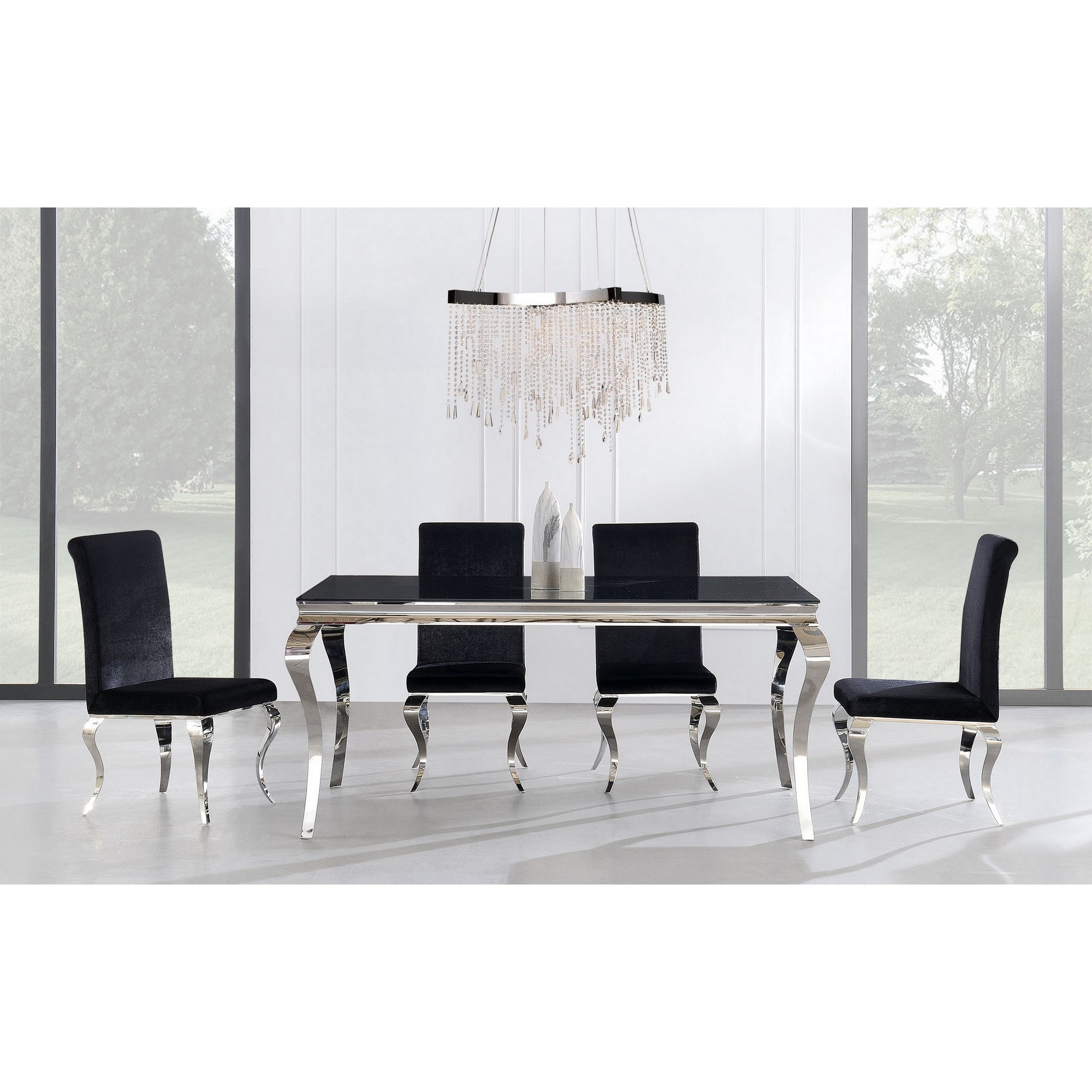 Stainless style steel legs Dining Table with Black Glass top