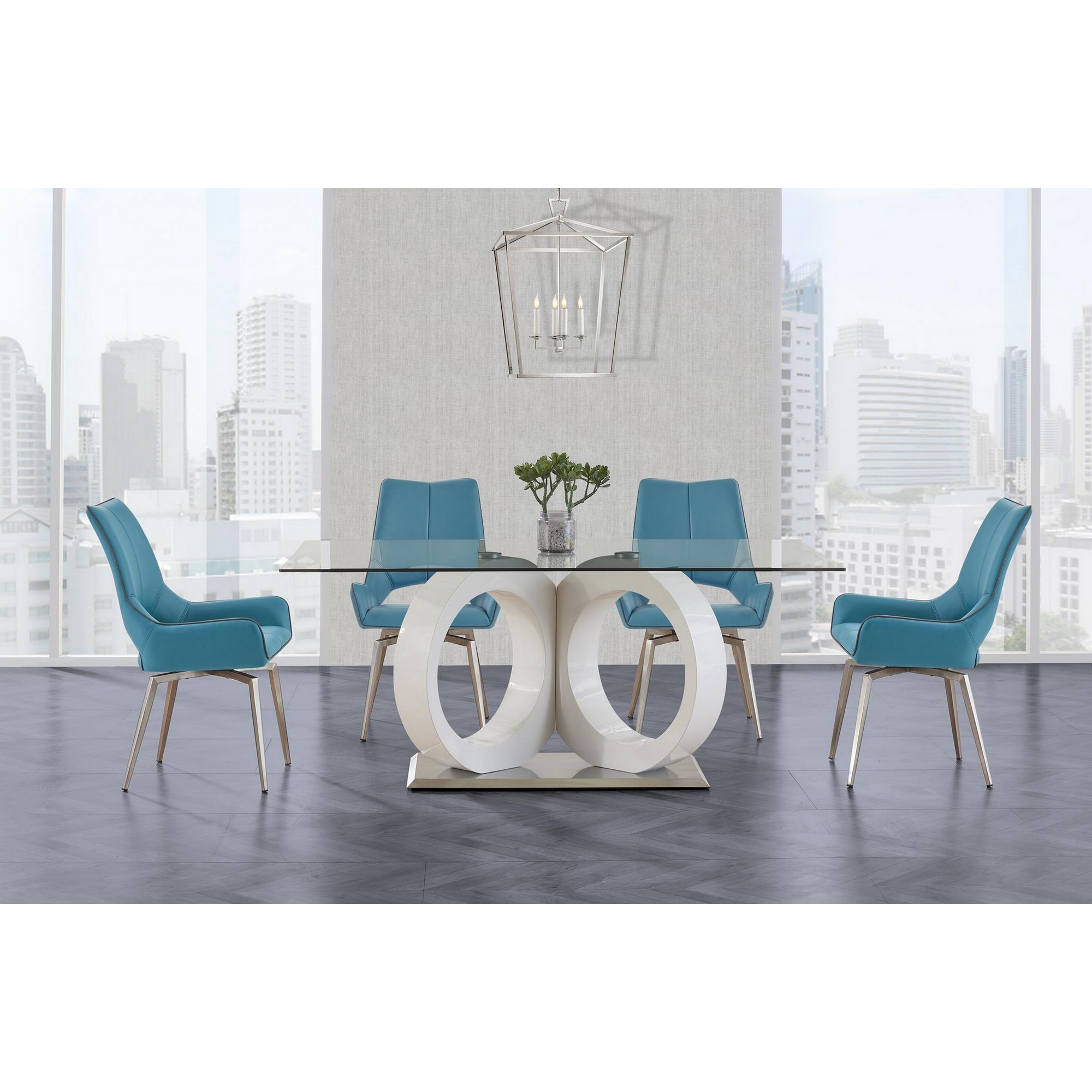 White tone Geometrical style base with Rectangular Glass top Dining Table