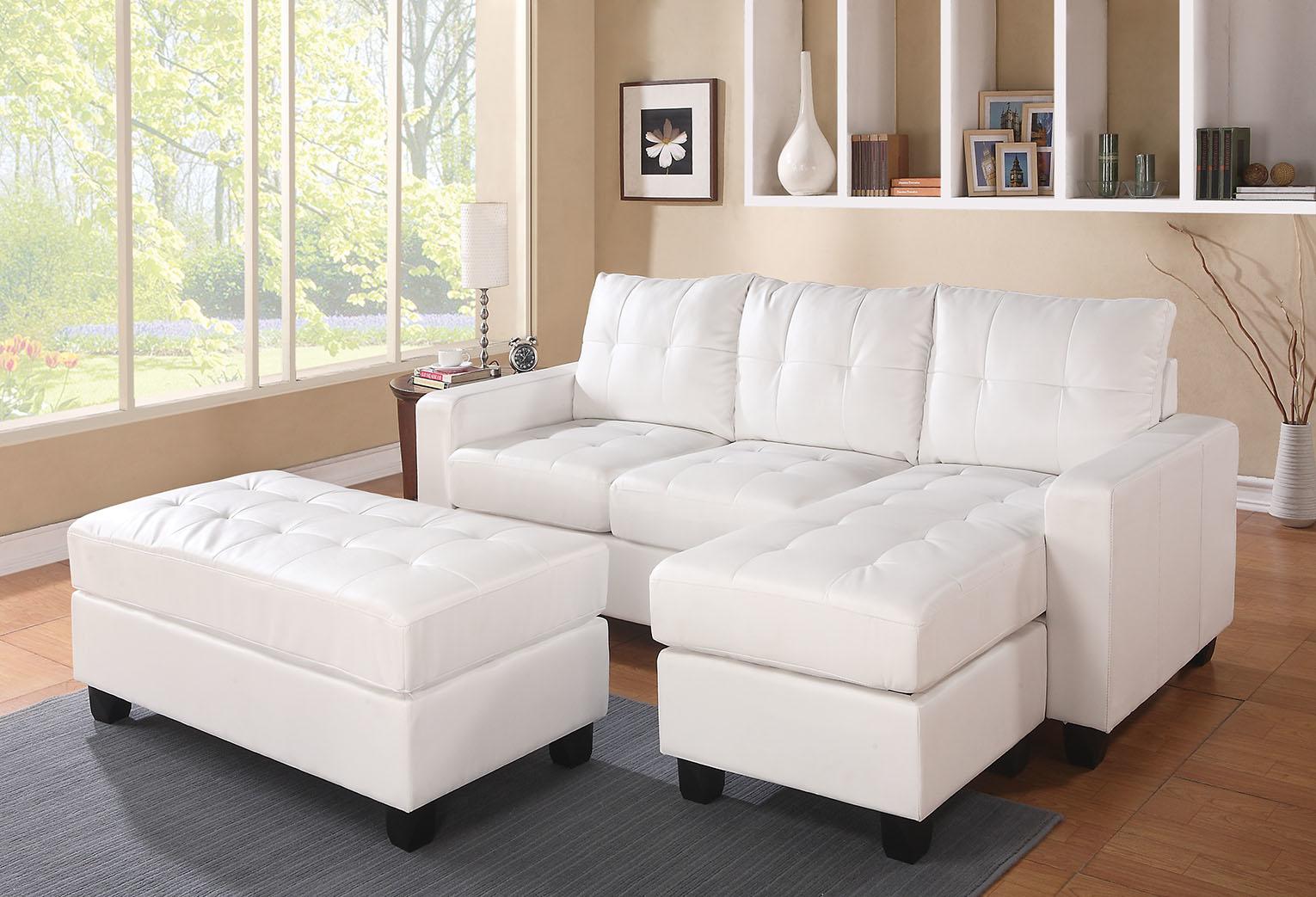 83" X 57" X 35" White Bonded Leather Match Sectional Sofa With Ottoman