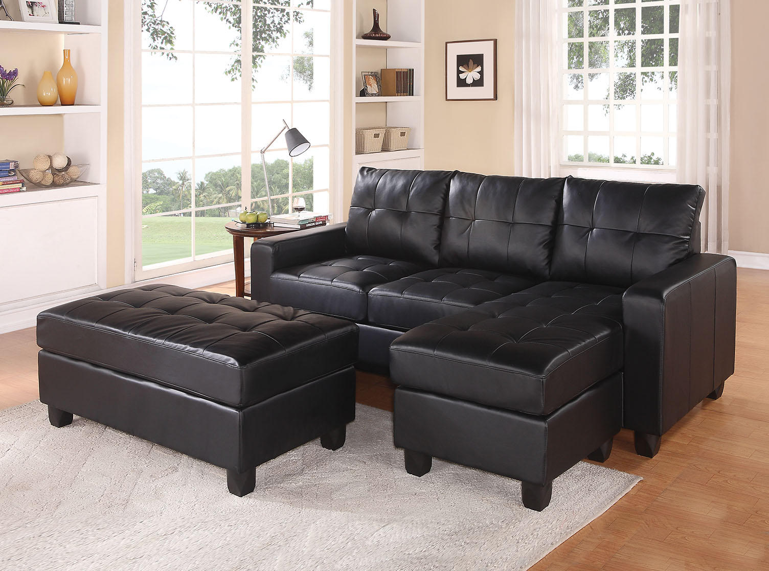 83" X 57" X 35" Black Bonded Leather Match Sectional Sofa With Ottoman