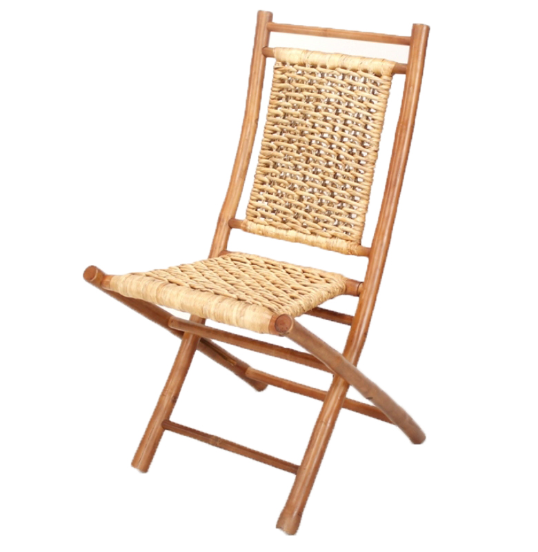 20" X 15" X 36" Brown Natural Bamboo Folding Chairs with an Open Link Hyacinth Weave