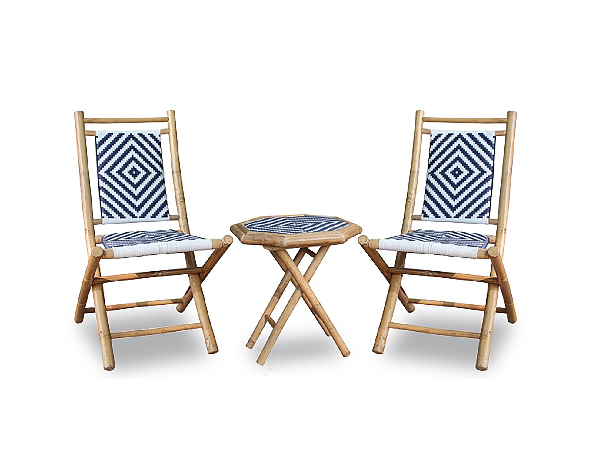 42" X 12" X 21" Natural Navy Blue and White Bamboo Outdoor Conversation Set of  Chairs and a Table