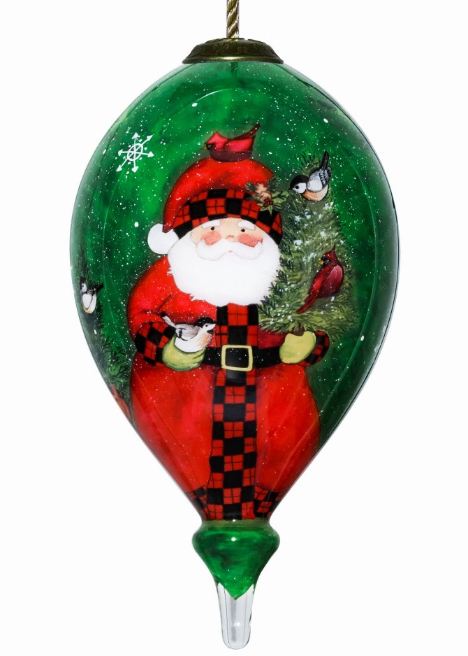 Woodland Plaid Santa Hand Painted Glass Ornament