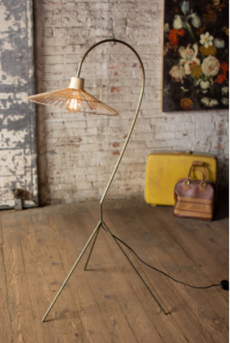 Antique Brass Finish Floor Lamp With Rattan Umbrella Shade 29.5" X 25.5" X 61"T