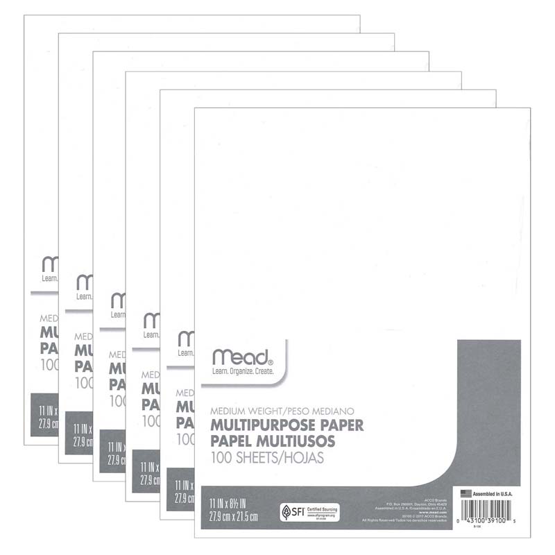 Multipurpose Paper, 8 1/2" x 11", White, 100 Sheets Per Pack, 6 Packs