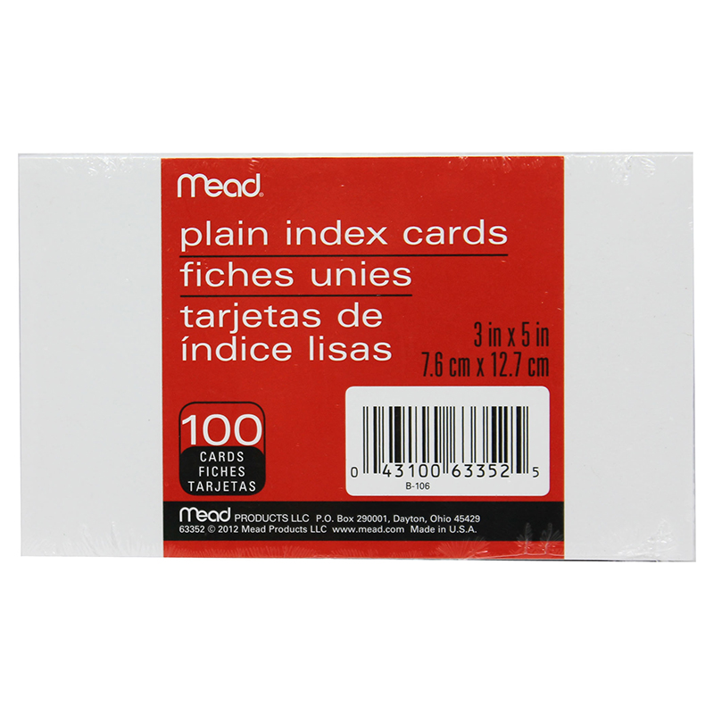 Plain Index Cards, White, 3" x 5", Pack of 100