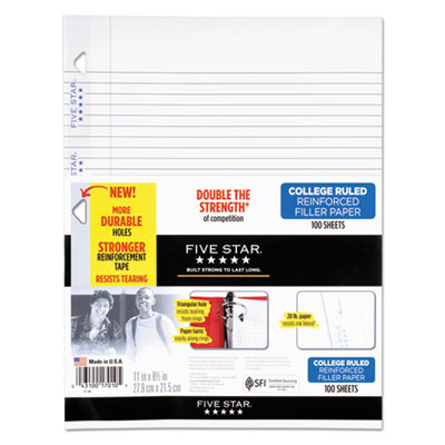 Reinforced Filler Paper, 20lb, College Rule, 11 x 8 1/2, White, 100 Sheets