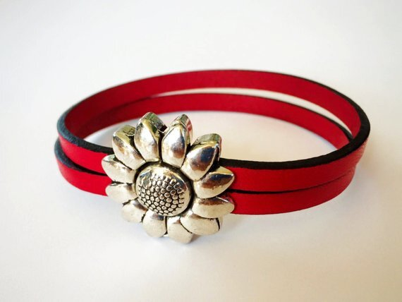 Children's Flower Leather Bracelet (Silver or Brass) 5 1/2 inches Silver/Red