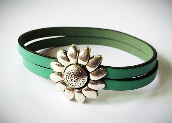 Children's Flower Leather Bracelet (Silver or Brass) 5 1/2 inches Silver/Turquoise