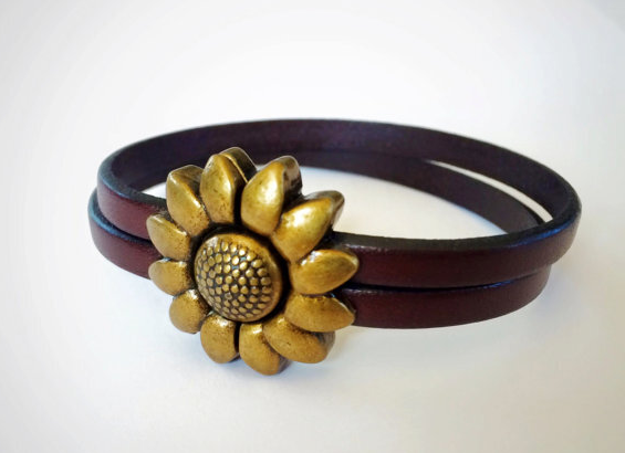 Children's Flower Leather Bracelet (Silver or Brass) 5.5 inches Brass/Dark Brown