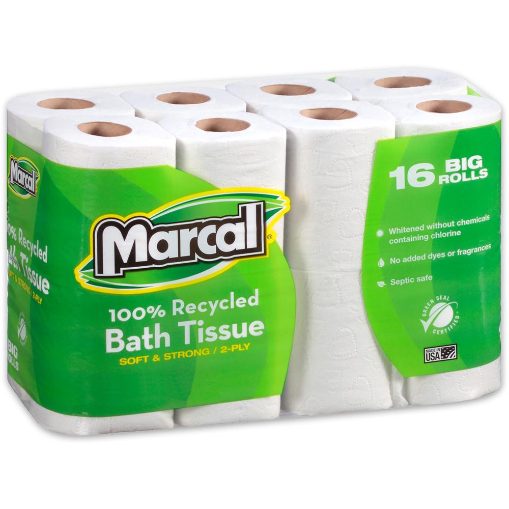 Marcal 100% Recycled Soft/Strong Bath Tissue - 2 Ply - 4.20" x 3.60" - 168 Sheets/Roll - White - Soft, Strong, Septic Safe, Hypo