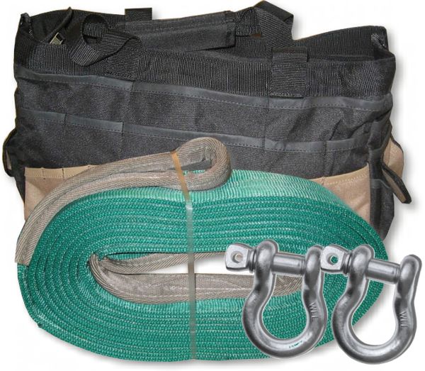 U.S. made MEGA RECOVERY STRAP 4 inch X 30 ft TWO-PLY with 7/8 inch X-Large D-shackles & Carry Bag (OFF-ROAD RECOVERY)