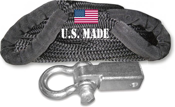 U.S. made KINETIC Snatch Rope MILITARY-GRADE (BLACK) - 1 inch X 30 ft with Receiver Shackle Bracket (4X4 VEHICLE RECOVERY)