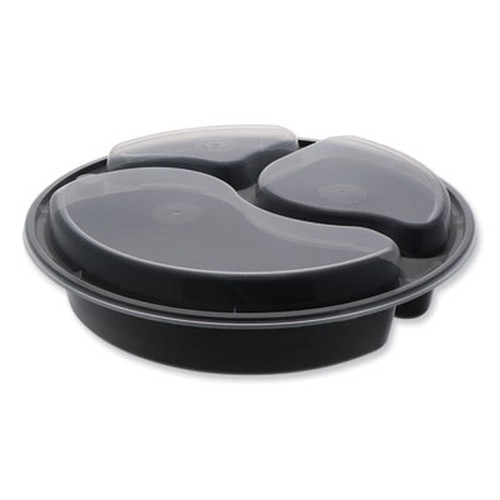 Newspring VERSAtainer Microwavable Containers, Round, 3-Compartment, 39 oz, 9 x 9 x 2.25, Black/Clear, Plastic, 150/Carton